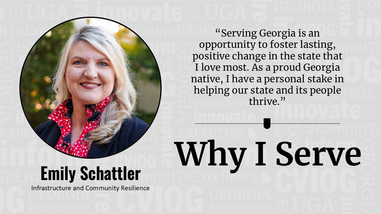 picture of Emily Schattler with words "Serving Georgia is an opportunity to foster lasting, positive change in the state that I love most.  As a proud Georgia native, I have a personal stake in helping our state and its people thrive." Why I Serve.