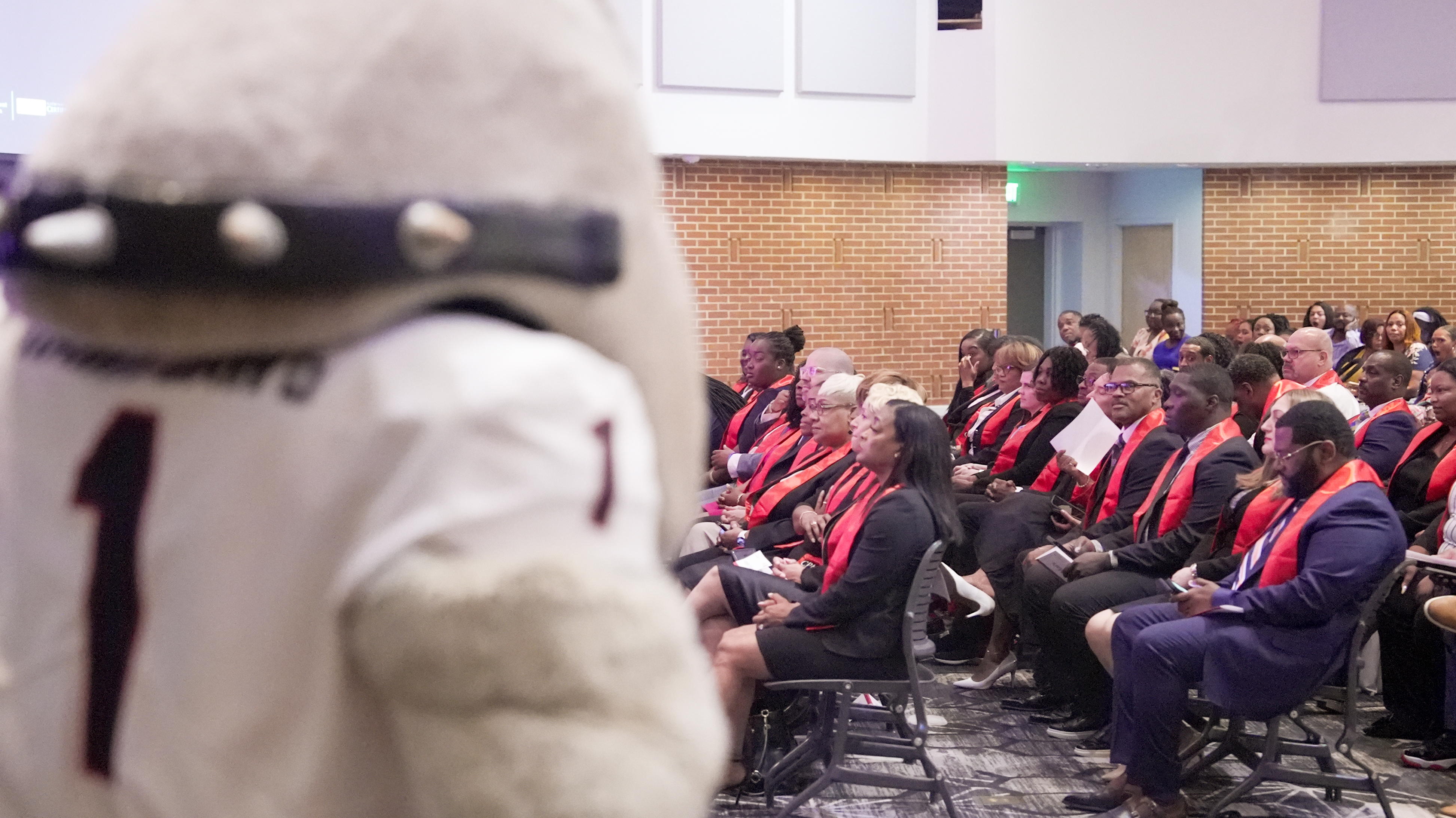 Hairy Dawg looks over CPM graduates.